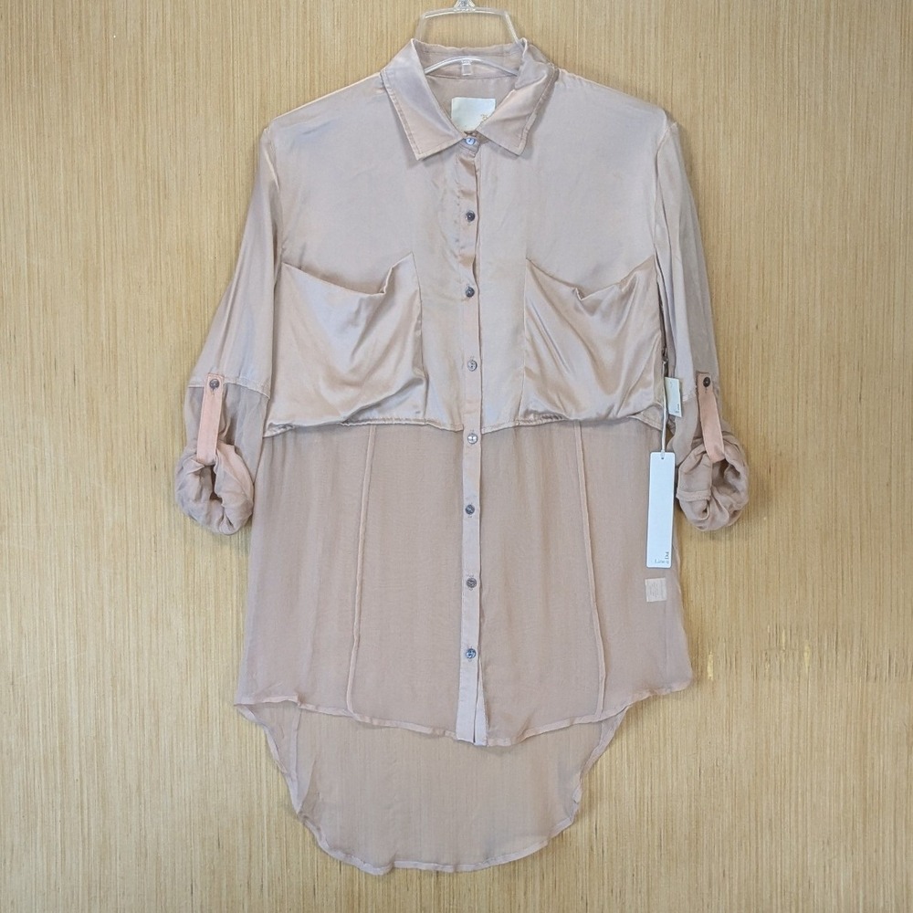 Line & Dot Pink 100% Silk Sheer Button Down Top Size M Mixed Media High